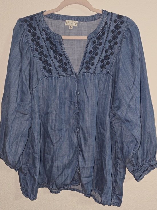 Wonderly Tops - Wonderly Indigo Embroidered Button-Up Blouse